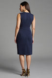 Royal Blue Bodycon Satin V-Neck Midi Work Dress with Sash