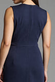 Navy Satin Bodycon V-Neck Midi Work Dress with Sash
