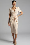 Champagne V-Neck Bodycon Midi Satin Work Dress with Sleeves