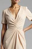 Champagne V-Neck Bodycon Midi Satin Work Dress with Sleeves