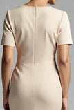 Champagne V-Neck Bodycon Midi Satin Work Dress with Sleeves