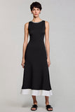 Black Satin A Line Crew Neck Work Dress