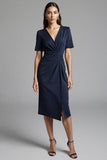 Royal Blue V-Neck Bodycon Midi Satin Work Dress with Sleeves