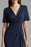 Navy Bodycon V-Neck Satin Midi Work Dress with Sleeves