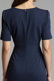 Navy Bodycon V-Neck Satin Midi Work Dress with Sleeves