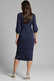 Navy Satin Bodycon V-Neck Midi Work Dress
