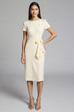 Beige Bodycon Satin Midi Work Dress with Ruffles