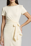Beige Bodycon Satin Midi Work Dress with Ruffles