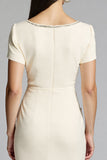 Beige Bodycon Satin Midi Work Dress with Ruffles