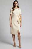 Champagne Ruffled Bodycon Midi Satin Work Dress with Slit