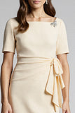 Champagne Ruffled Bodycon Midi Satin Work Dress with Slit