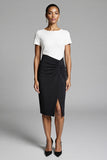 Black and White Satin Bodycon Midi Work Dress with Slit