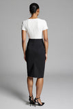 Black and White Satin Bodycon Midi Work Dress with Slit