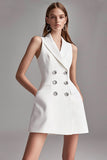 Ivory A Line Peak Lapel Satin Mini Work Blazer Dress with Pockets