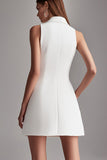 Ivory A Line Peak Lapel Satin Mini Work Blazer Dress with Pockets