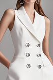 Ivory A Line Peak Lapel Satin Mini Work Blazer Dress with Pockets