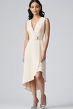 Champagne Satin Sheath V-Neck Asymmetrical Work Blazer Dress