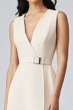 Champagne Satin Sheath V-Neck Asymmetrical Work Blazer Dress