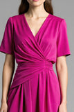 Fuchsia Satin Ruched V-Neck Midi Work Dress with Sleeves