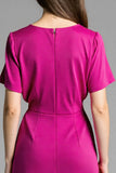 Fuchsia Satin Ruched V-Neck Midi Work Dress with Sleeves