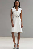 Ivory Satin Notched Lapel Short Work Blazer Dress with Belt