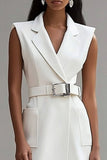Ivory Satin Notched Lapel Short Work Blazer Dress with Belt