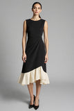 Black A Line Midi Satin Work Dress with Ruffles