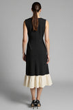 Black A Line Midi Satin Work Dress with Ruffles