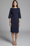 Navy Bodycon Midi Satin Work Dress with Sleeves