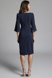 Navy Bodycon Midi Satin Work Dress with Sleeves