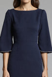 Navy Bodycon Midi Satin Work Dress with Sleeves
