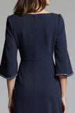 Navy Bodycon Midi Satin Work Dress with Sleeves