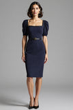 Navy Bodycon Satin Square Neck Midi Work Dress with Belt