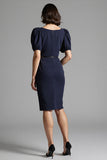 Navy Bodycon Satin Square Neck Midi Work Dress with Belt