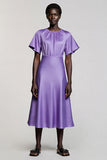 Purple A Line Midi Satin Work Dress with Sleeves