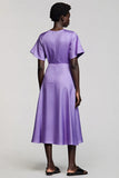 Purple A Line Midi Satin Work Dress with Sleeves