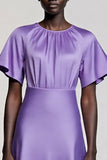 Purple A Line Midi Satin Work Dress with Sleeves