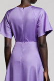 Purple A Line Midi Satin Work Dress with Sleeves