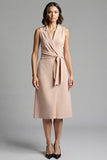 Champagne A Line Notched Lapel Satin Midi Work Dress with Sash