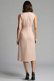 Champagne A Line Notched Lapel Satin Midi Work Dress with Sash