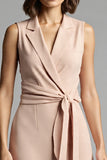 Champagne A Line Notched Lapel Satin Midi Work Dress with Sash