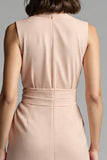 Champagne A Line Notched Lapel Satin Midi Work Dress with Sash