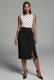 Black and White Polka Dots Bodycon Satin Midi Work Dress with Slit