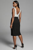 Black and White Polka Dots Bodycon Satin Midi Work Dress with Slit
