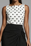 Black and White Polka Dots Bodycon Satin Midi Work Dress with Slit