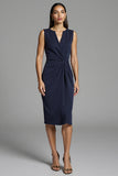 Navy Satin Ruched Bodycon Midi Work Dress