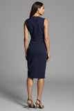 Navy Satin Ruched Bodycon Midi Work Dress