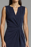 Navy Satin Ruched Bodycon Midi Work Dress