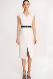 Ivory Bodycon Satin V-Neck Midi Work Dress with Slit