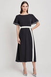 Black and White A Line Satin Midi Work Dress with Sleeves